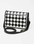 American Darling Western Leather Crossbody Bag Black White Checkered Basketweave Tooled Flap Messenger Purse for Women