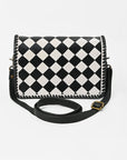 American Darling Western Leather Crossbody Bag Black White Checkered Basketweave Tooled Flap Messenger Purse for Women