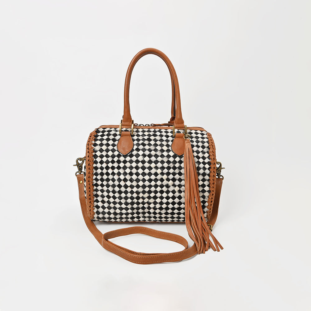 American Darling Woven Hair-On Hide Leather Satchel Bag for Women, Western Crossbody Purse with Tassel