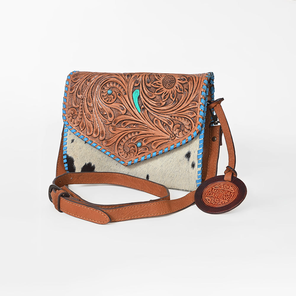 American Darling Hair-On Hide Crossbody Bag for Women, Tooled Leather Western Purse with Turquoise Detail