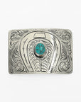 American Darling Western Horseshoe Belt Buckle with Faux Turquoise Stone – Engraved Silver Tone Cowboy Buckle