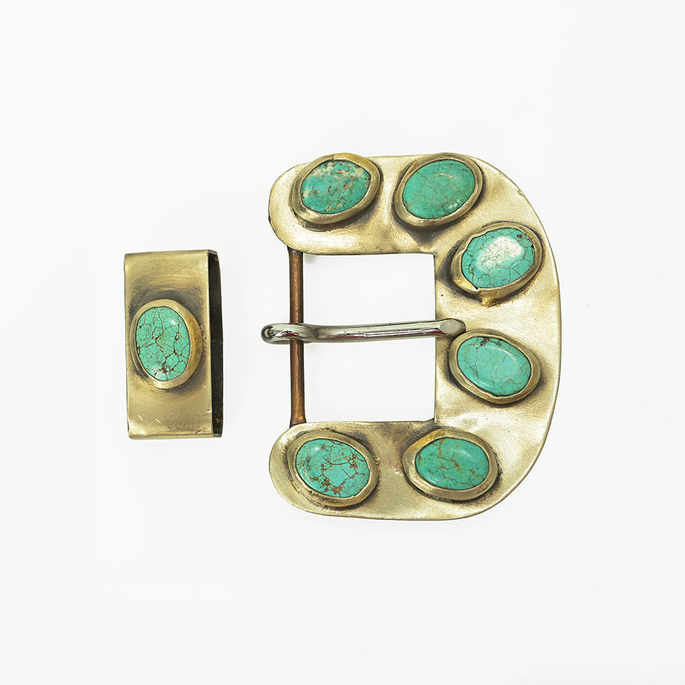 American Darling Vintage Southwest Turquoise Belt Buckle and Keeper Set – Brushed Gold Tone Cowboy Buckle Hardware
