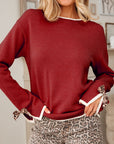 Leopard Bow Split Cuff Contrast Trim Sweater