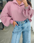 Solid Textured Knit Snap Button Collar Top
