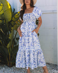 Floral Square Neck Bubble Sleeve Maxi Dress