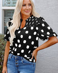Polka Dot Shirred Notched Neck Balloon Sleeve Blouse