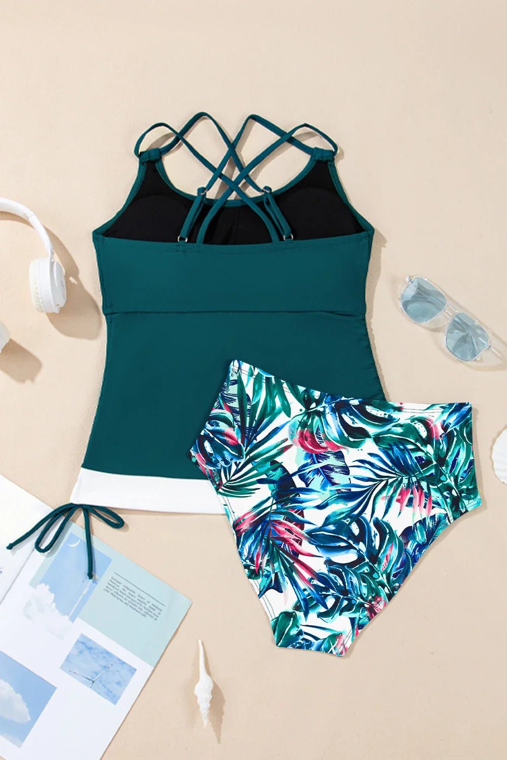 Colorblock Tankini Top &amp; High Waist Bikini Set