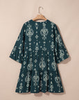 Boho Floral Lettuce Trim 3/4 Sleeve Mini Dress