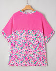 Plus Size Floral Corded Patchwork Crewneck Top