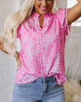 Cynthia Ric Rac Trim Flutter Sleeve Notch V Neck Blouse
