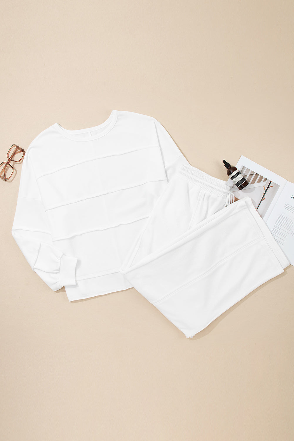 Plus Size Solid Raw Seam Top and Drawstring Pants Set