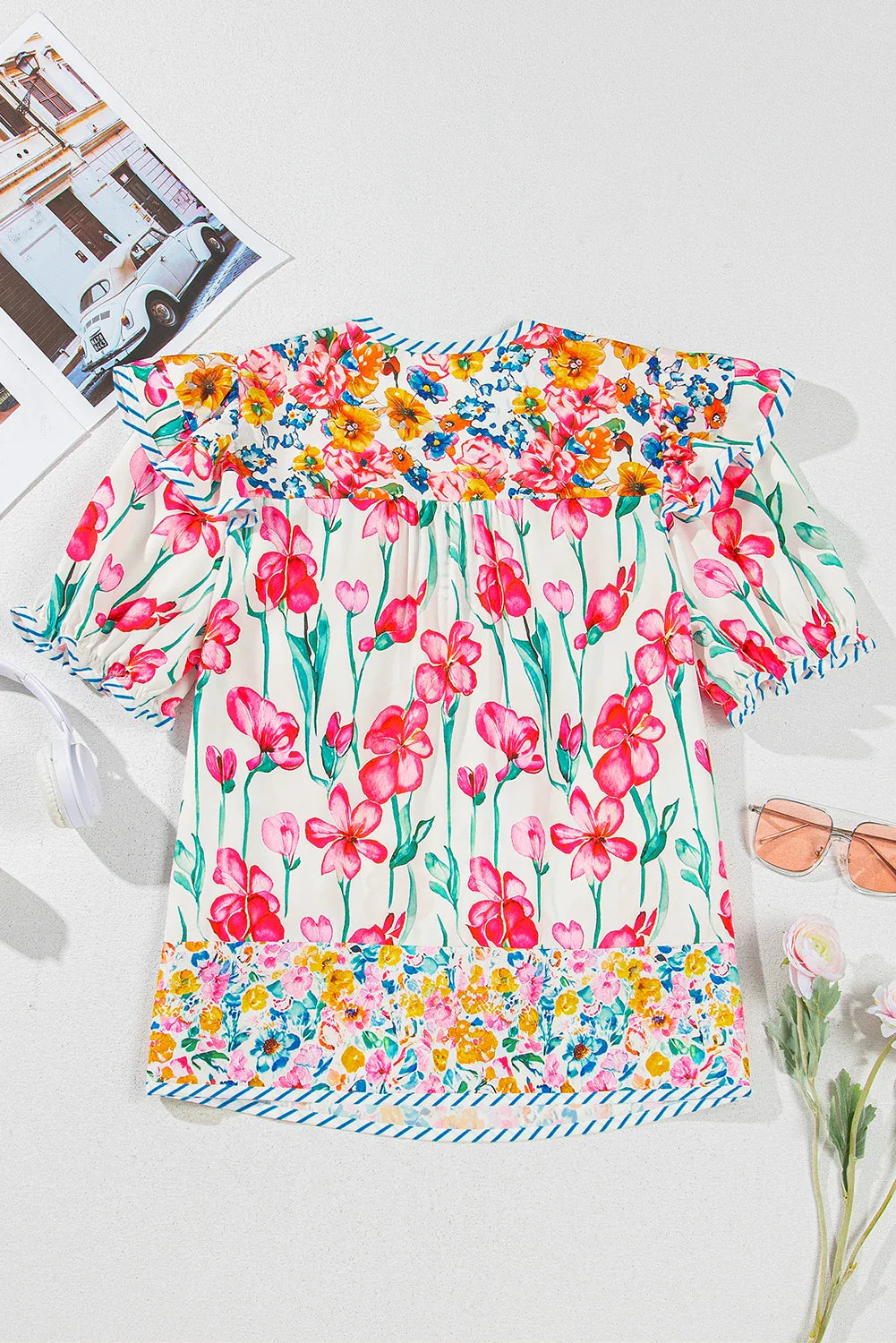 Floral Stripe Detail Split Neck Short Sleeve Blouse