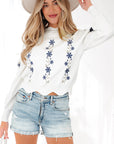 Floral Embroidered Scallop Hem Sweater