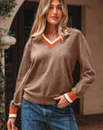 Varsity Stripe Contrast Trim V-Neck Sweater