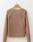 Solid Waffle Knit Round Neck Long Sleeve Top