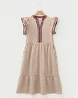 Stripe Ruffle Short Sleeve V-Neck Midi Dress