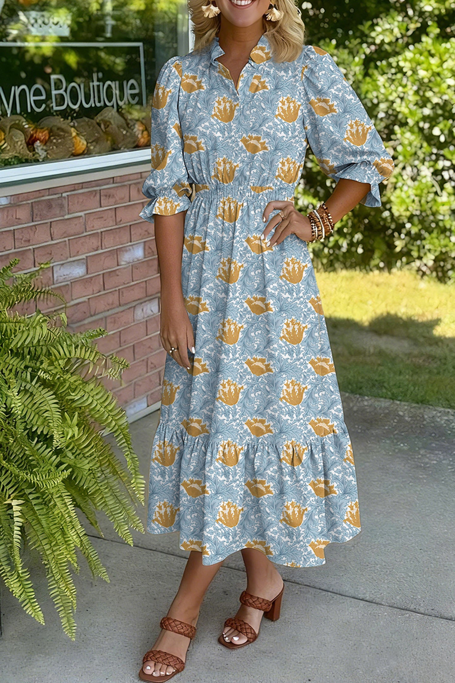 Floral Frilled V-Neck 3/4 Sleeve Midi Dress