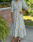Floral Frilled V-Neck 3/4 Sleeve Midi Dress