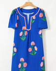 Floral Short Sleeve Split Neck Mini Dress