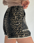 Leopard Contrast Scallop Lace Trim Denim Shorts