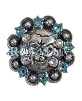 Aqua &amp; Clear Antique Silver 1.75" Skull European Crystal Concho