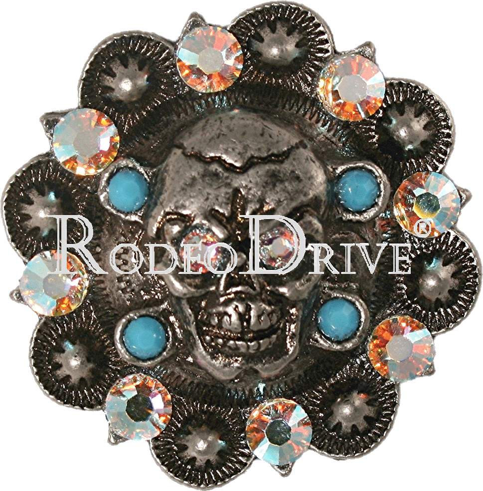 Turquoise &amp; AB Antique Silver 1.75" Skull European Crystal Concho