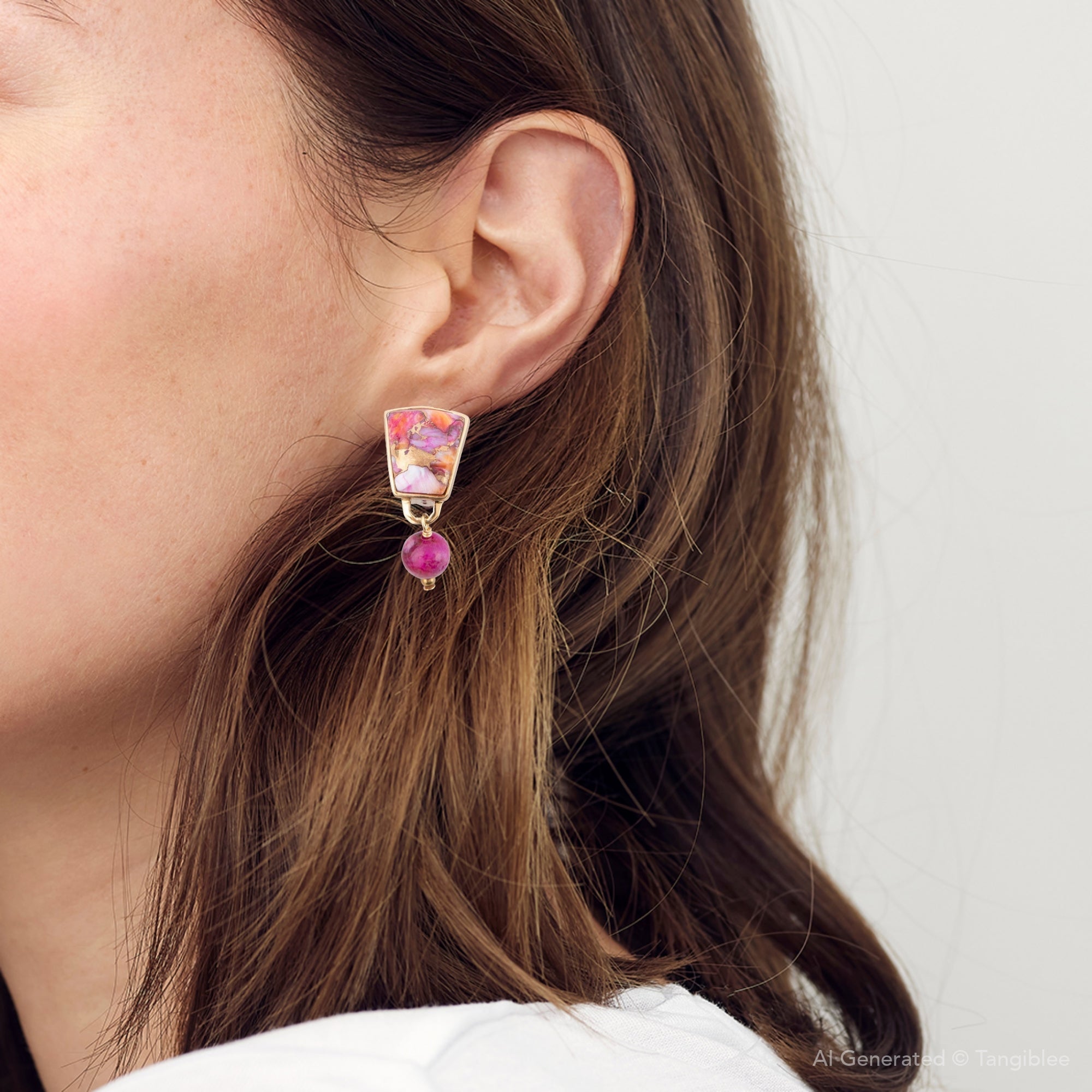 Athena Pink Spiny Oyster Matrix Golden Clip Earrings