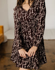 Brown Ditsy Floral Print Split Neck Long Sleeve Shirred Waist Flared Mini Dress