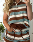 Stripe Polo Collar Tee and Patchwork Shorts Set