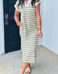 Stripe Collared V-Neck Short Sleeve Midi Dress
