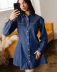 Denim Shirt Collar Long Sleeve Mini Dress