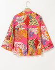 Floral Abstract Leopard Buttoned Ruffle Bubble Sleeve Shirt
