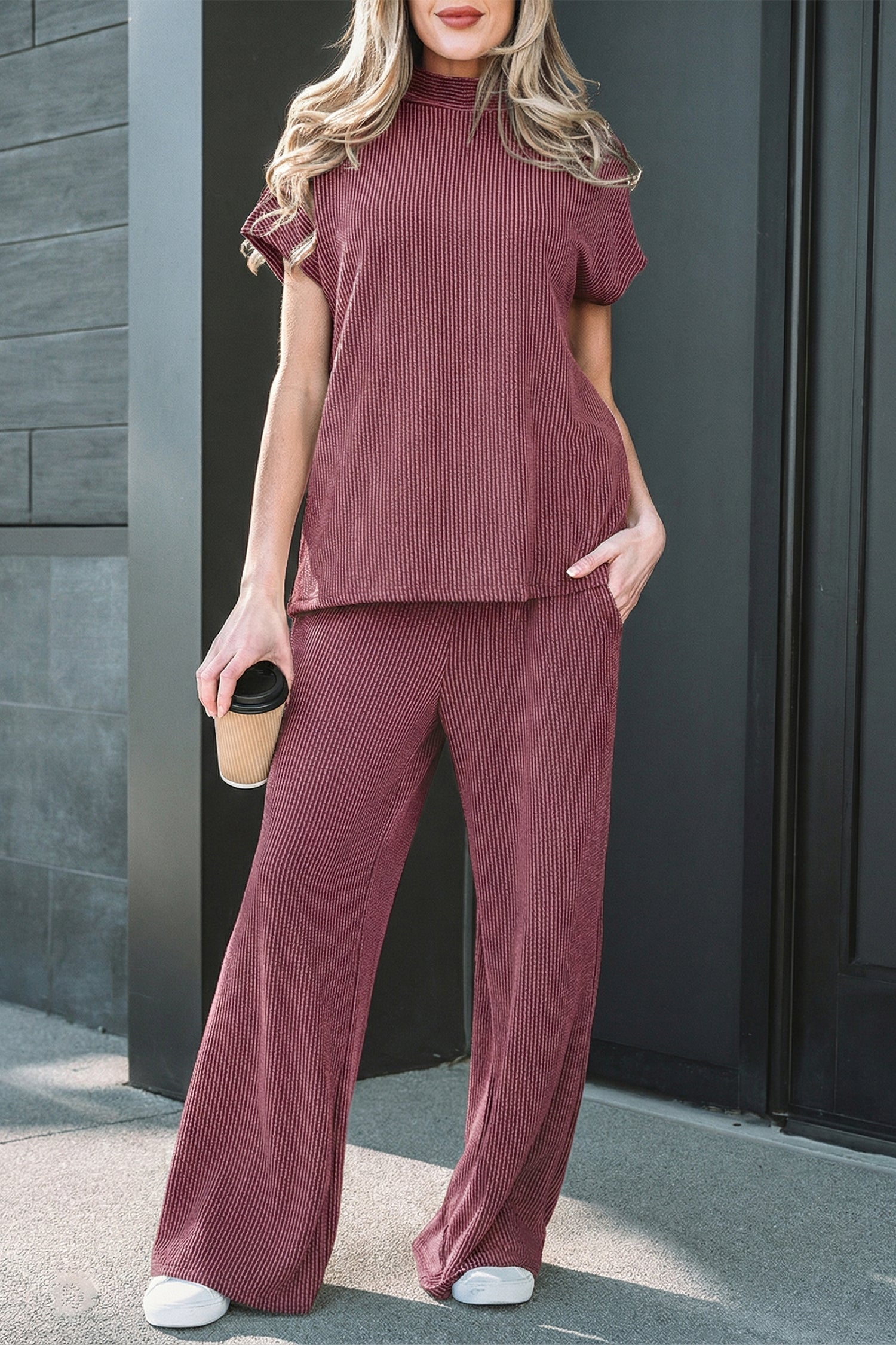 Corded Knit Mock Neck Tee and Pant Set