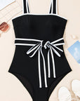Colorblock Contrast Trim Belted One Piece Swimsuit