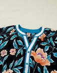Floral Bubble Sleeve Buttoned Notch Neck Blouse