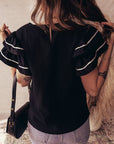 Contrast Trim Ruffle Short Sleeve Blouse