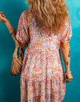 Floral Puff Sleeve V-Neck Tiered Mini Dress