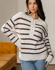Stripe Ribbed Slouchy Drop Shoulder Henley Sweater