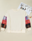 Beige Plus Size Multicolor Plaid Patchwork Sleeve Pullover Top