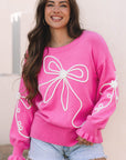 Bow Tie Corded Embroidery Ruffle Cuff Sweater