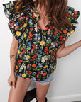 Flower Tiered Flutter Sleeve V-Neck Blouse