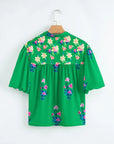 Floral Tassel Tie Split Neck Short Sleeve Blouse