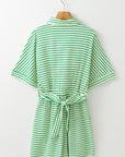 Stripe Short Sleeve Buttoned Collar Belted Romper