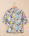Floral Slit V-Neck Short Sleeve Blouse