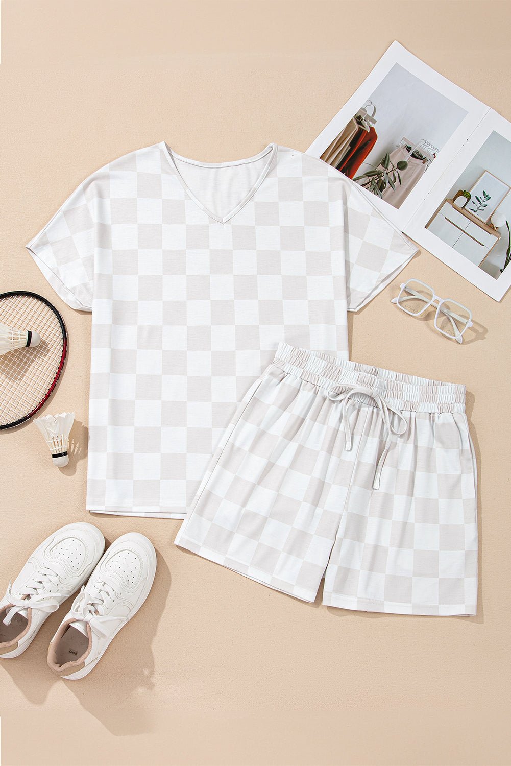 Checker V-Neck Tee &amp; Drawstring Shorts Set