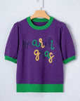 Mardi Gras Tinsel Embroidered Short Sleeve Sweater