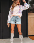 Floral Plaid Patchwork Puff Sleeve Blouse