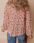Floral Pleated Notched Neck Puff Sleeve Blouse