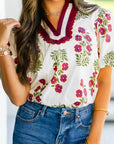 Floral Contrast Slit V-Neck Short Bubble Sleeve Blouse