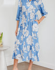 Floral Button-Front 3/4 Sleeve Ruffle Hem Dress